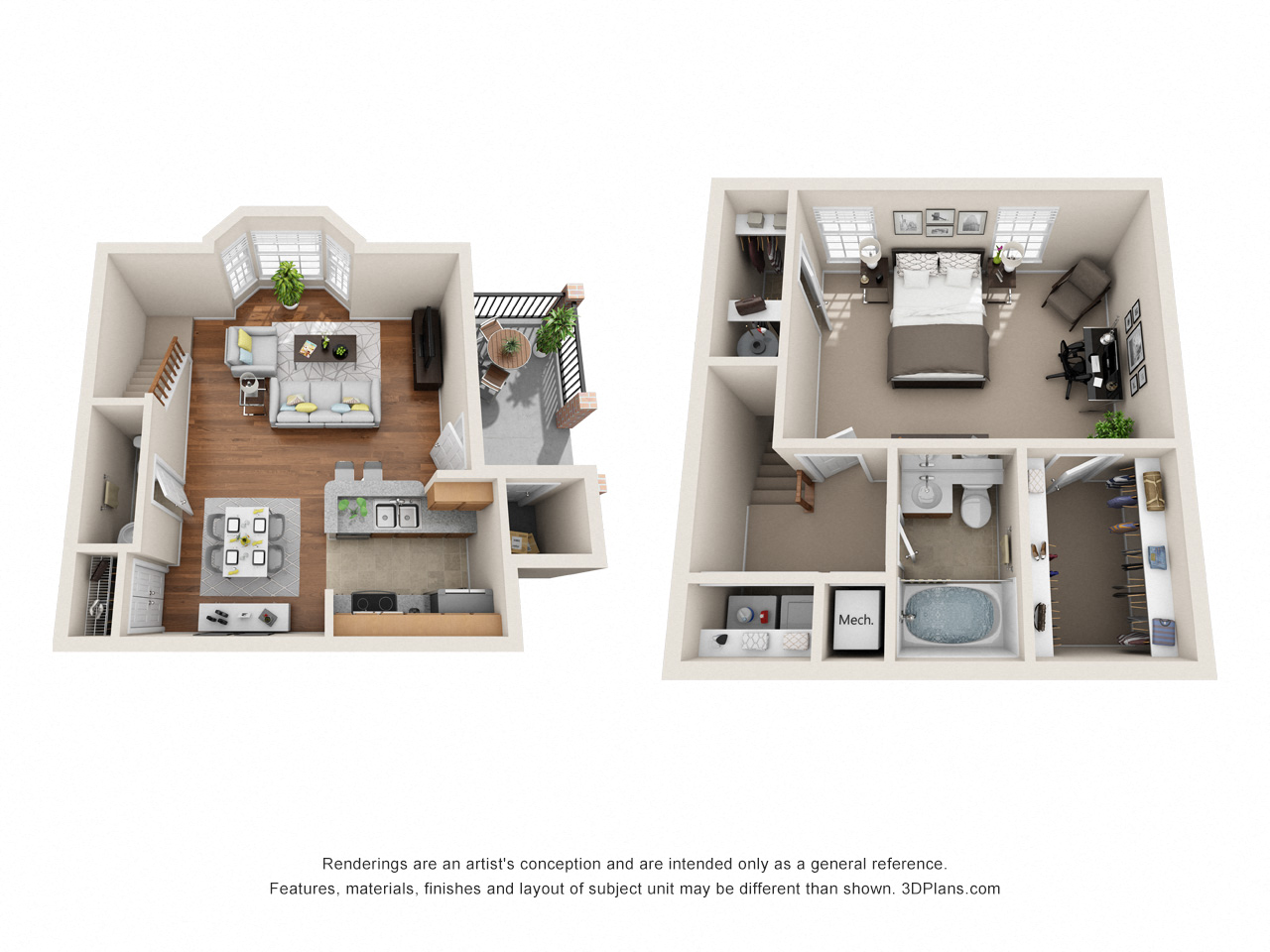 Floor plan for 1 bed, 1.5 baths, 855 sqft